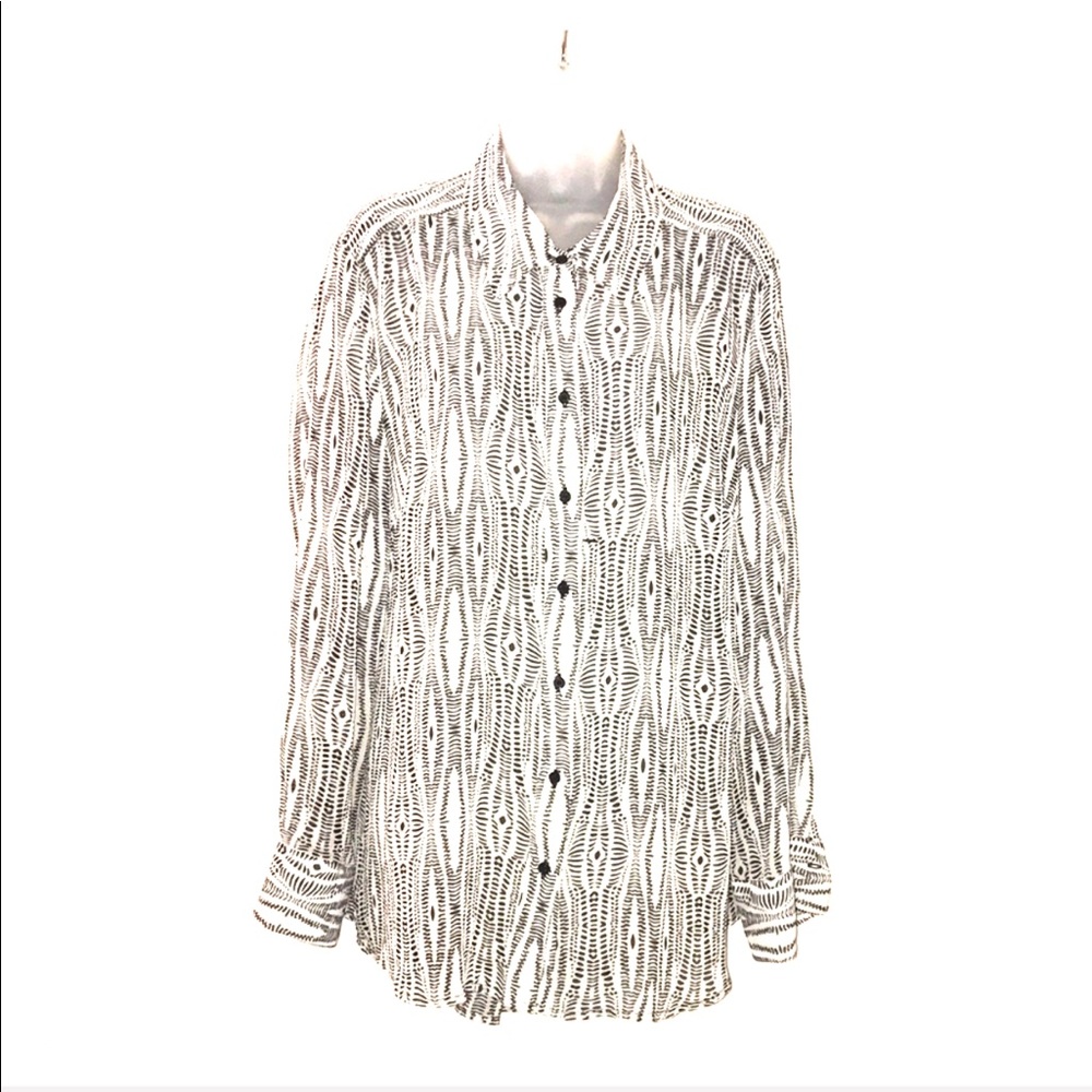 White with black print button up shirt